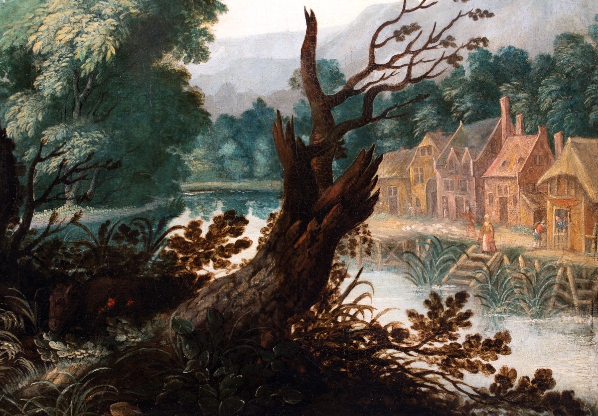 Wooded Landscape With The Resting Of The Holy Family. Flemish School Of The 17th Century Around 1640-photo-3