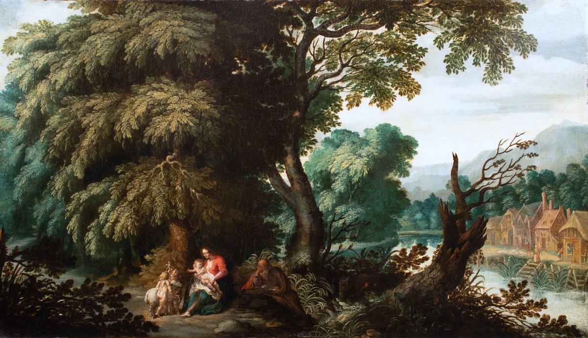 Wooded Landscape With The Resting Of The Holy Family. Flemish School Of The 17th Century Around 1640-photo-4