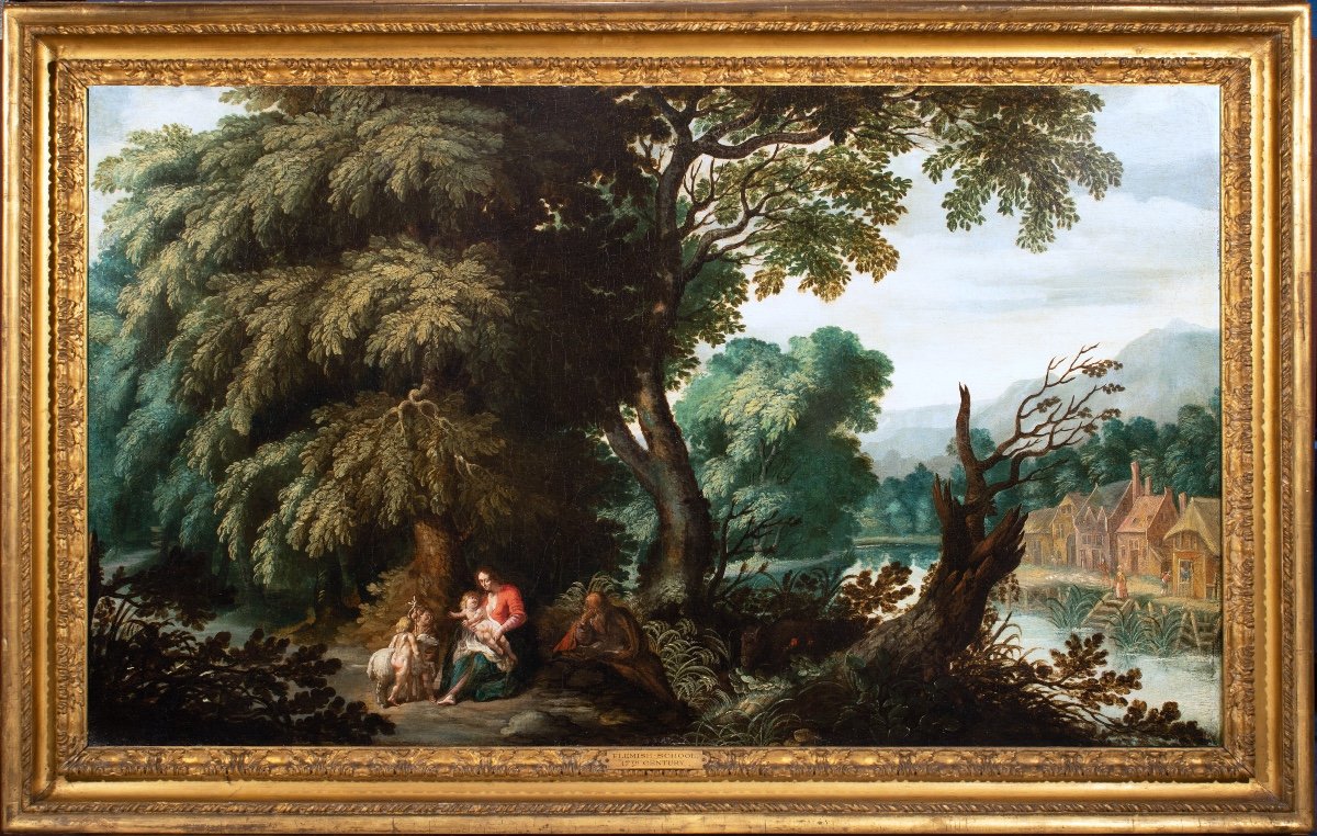 Wooded Landscape With The Resting Of The Holy Family. Flemish School Of The 17th Century Around 1640