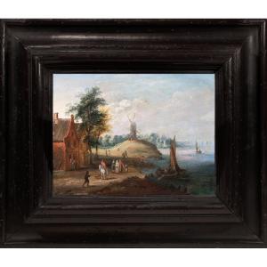 Paysage d’estuaire animé de villageois et pêcheurs. École de Jan Brueghel le Jeune XVIIe Siècle