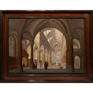 Intérieur de Cathédrale animé de personnages. Hendrick Van Steenwijck II (1580-1649) Attr