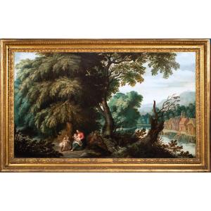 Paysage boisé avec le repos de la Sainte Famille. École Flamande du XVIIe Siècle vers 1640