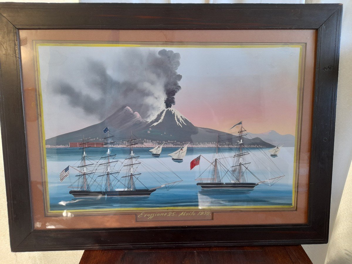 Grande Gouache Napolitaine  éruption De 1852 Son  Cadre  , époque XIXe Siècle-photo-8