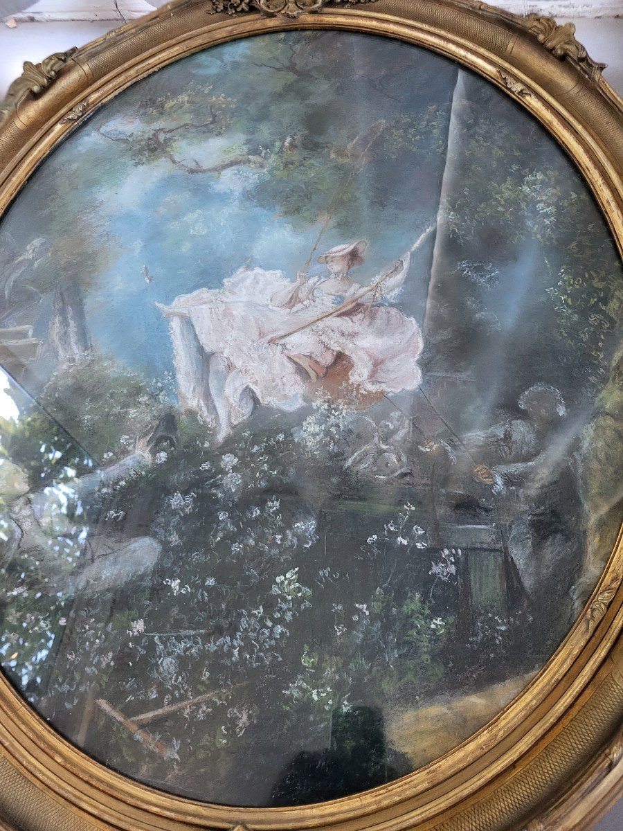 Large Pastel 'l Escarpolette "sv By Jh Fragonard 19th Century Frame H97cm-photo-2