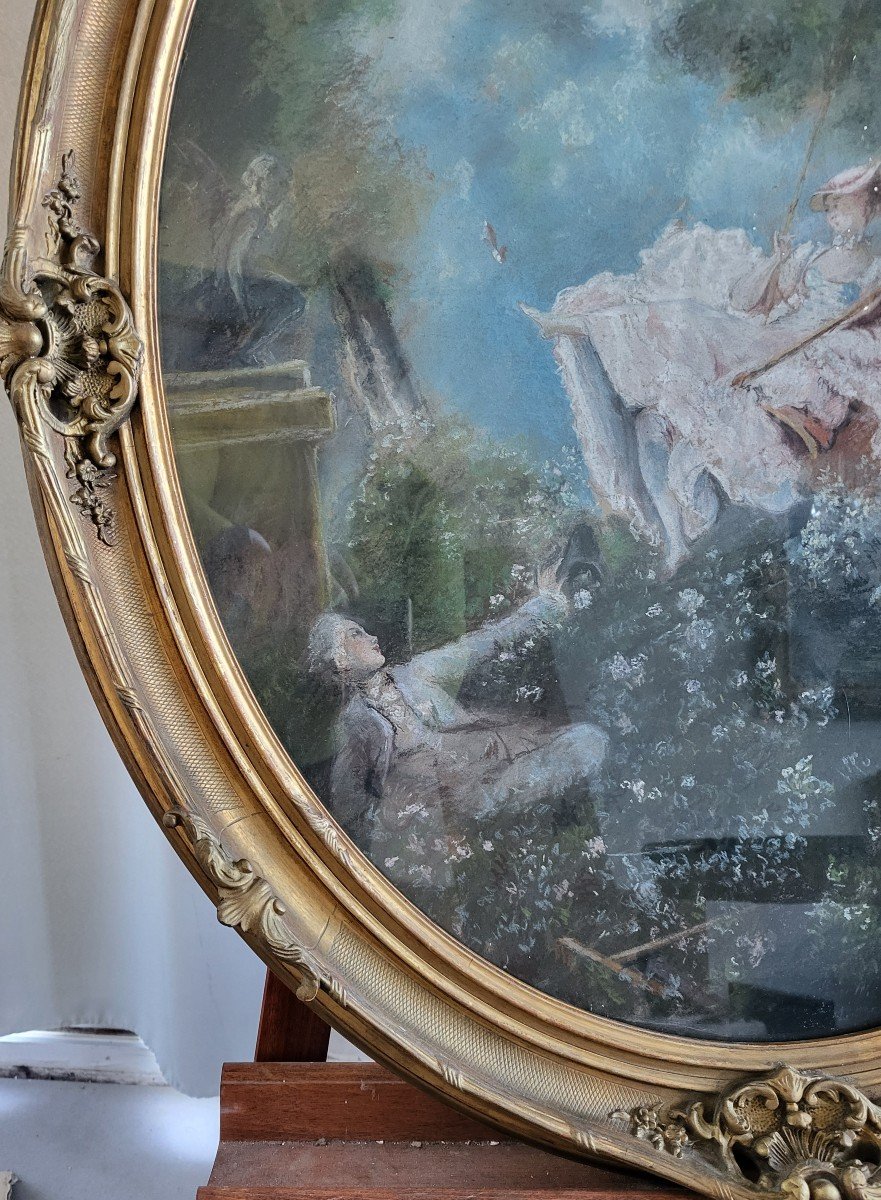 Large Pastel 'l Escarpolette "sv By Jh Fragonard 19th Century Frame H97cm-photo-4