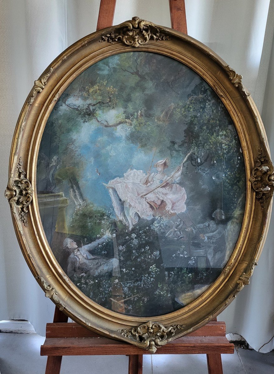 Large Pastel 'l Escarpolette "sv By Jh Fragonard 19th Century Frame H97cm-photo-1