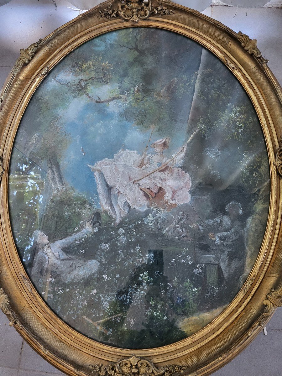 Large Pastel 'l Escarpolette "sv By Jh Fragonard 19th Century Frame H97cm-photo-2