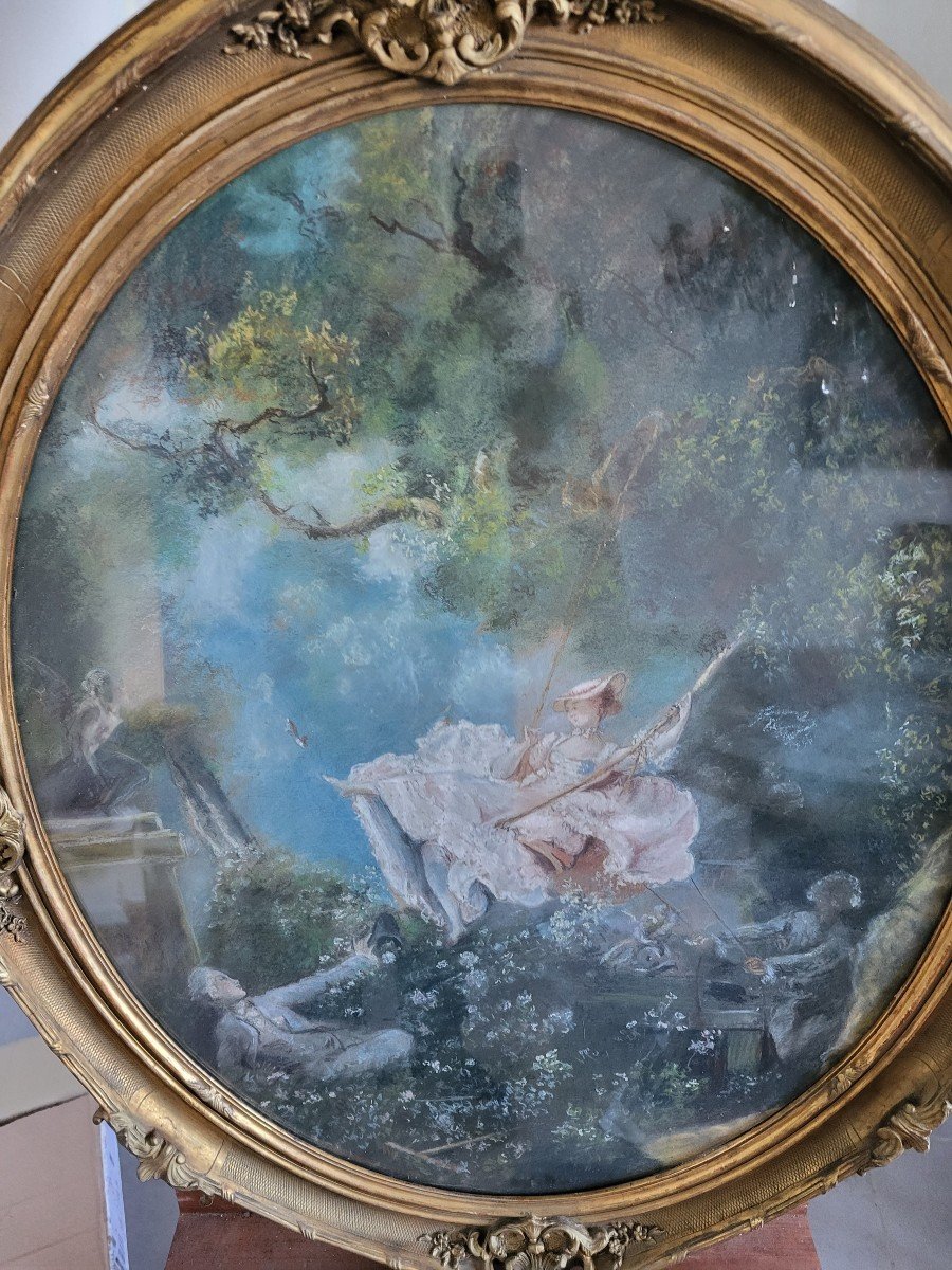 Large Pastel 'l Escarpolette "sv By Jh Fragonard 19th Century Frame H97cm-photo-5