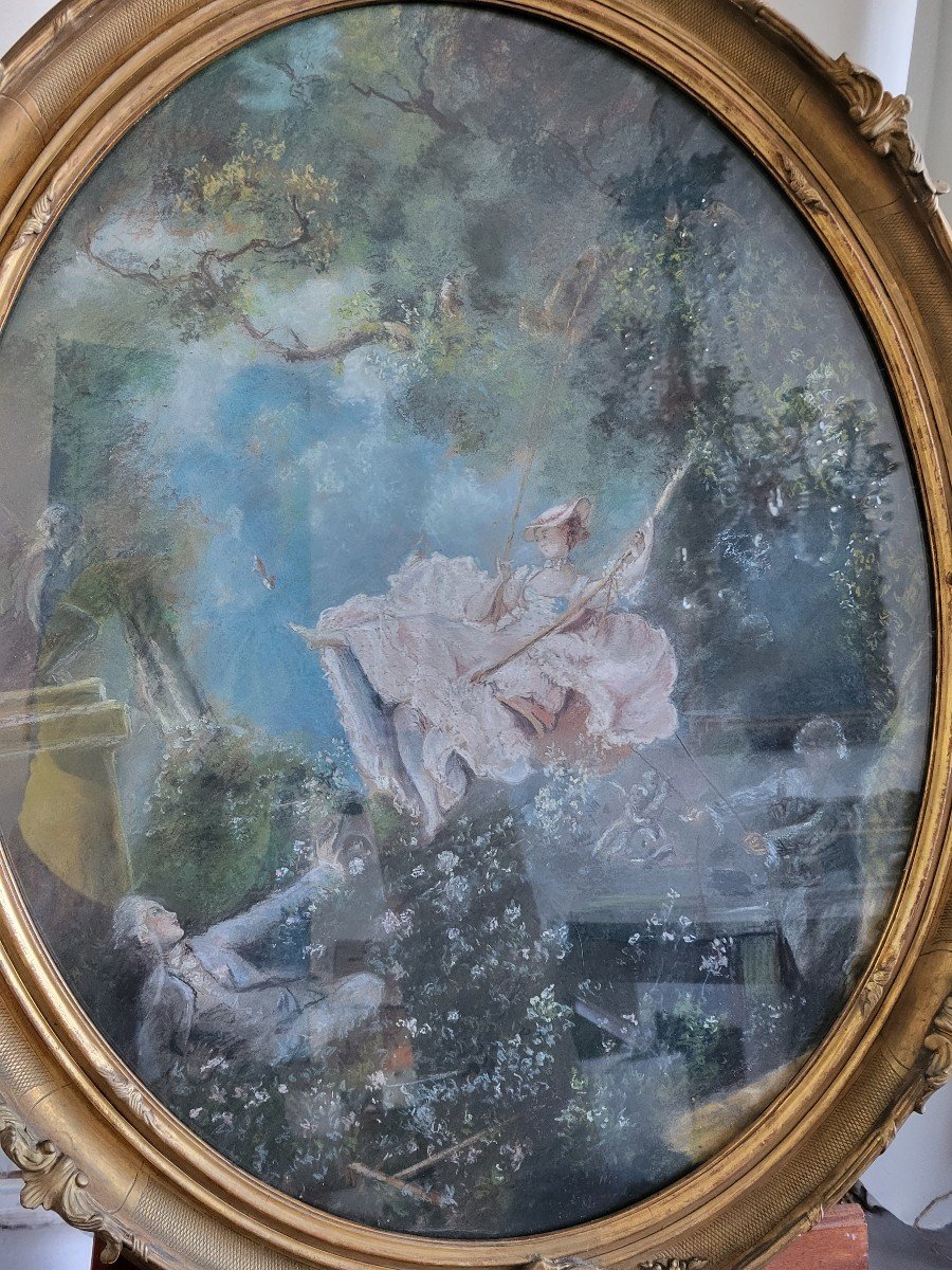 Large Pastel 'l Escarpolette "sv By Jh Fragonard 19th Century Frame H97cm-photo-6