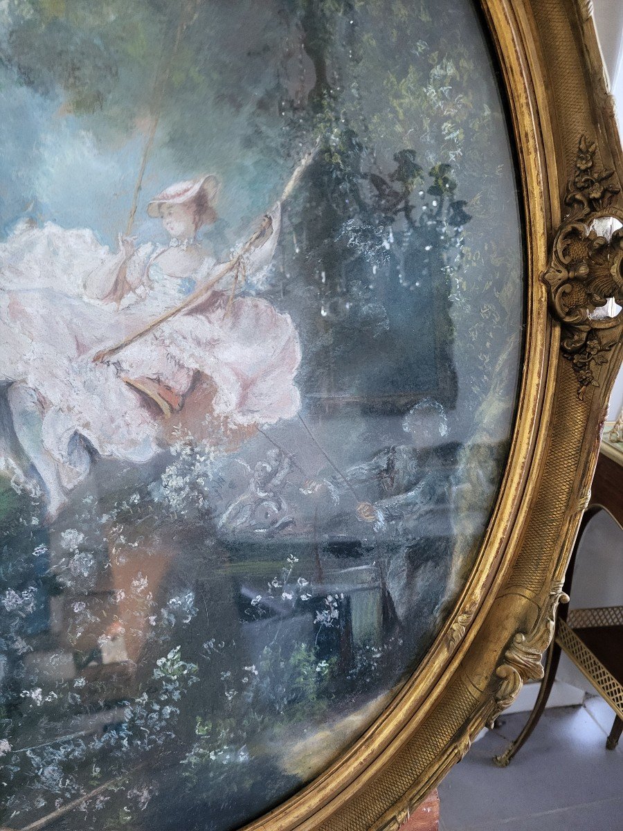 Large Pastel 'l Escarpolette "sv By Jh Fragonard 19th Century Frame H97cm-photo-7