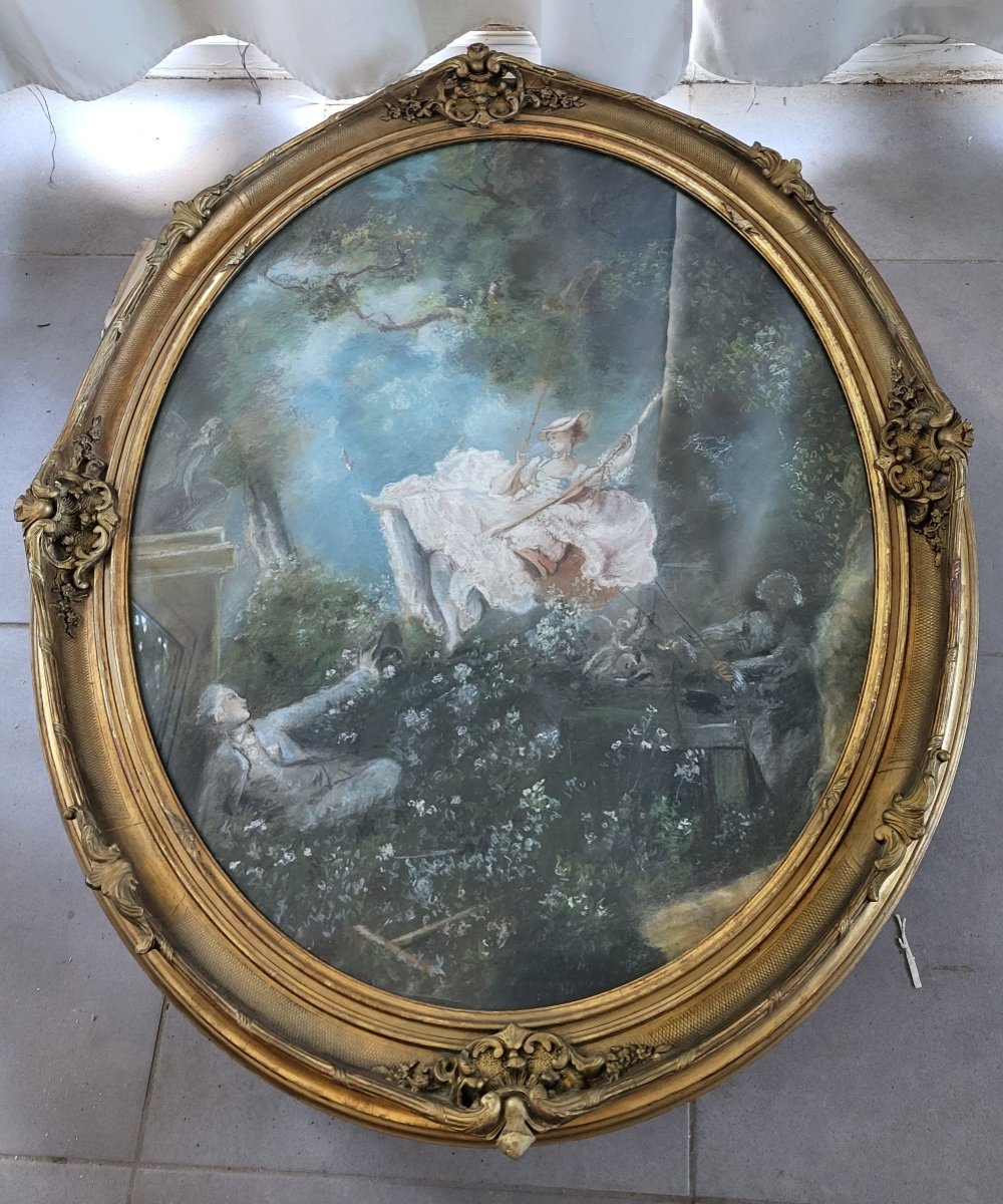 Large Pastel 'l Escarpolette "sv By Jh Fragonard 19th Century Frame H97cm-photo-8