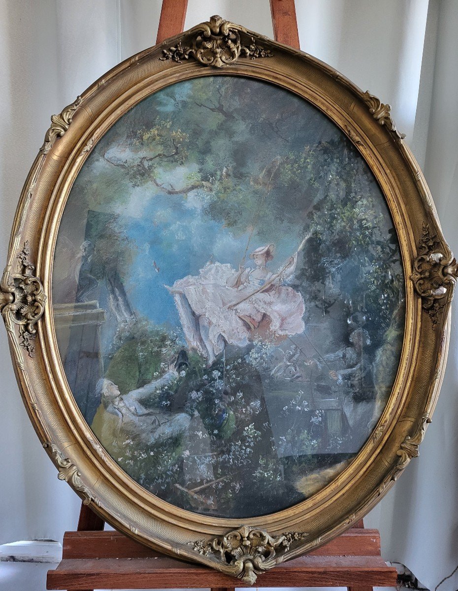 Large Pastel 'l Escarpolette "sv By Jh Fragonard 19th Century Frame H97cm