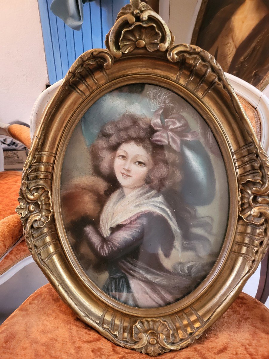 Pastel Young Elegant Manchon 19th Century Frame-photo-3