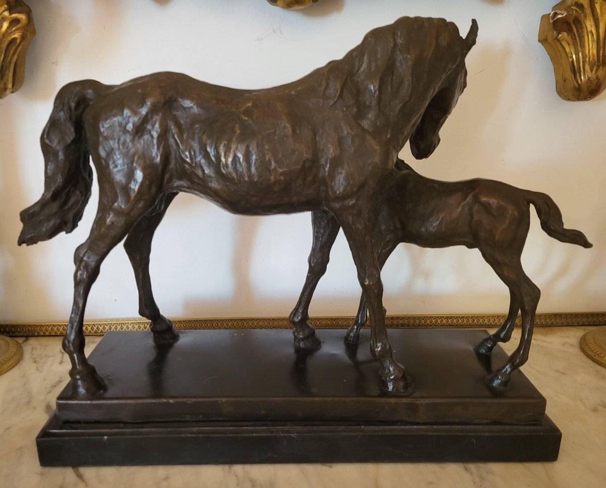 Bronze Sculpture Mare And Her Foal Early 20th Century-photo-3