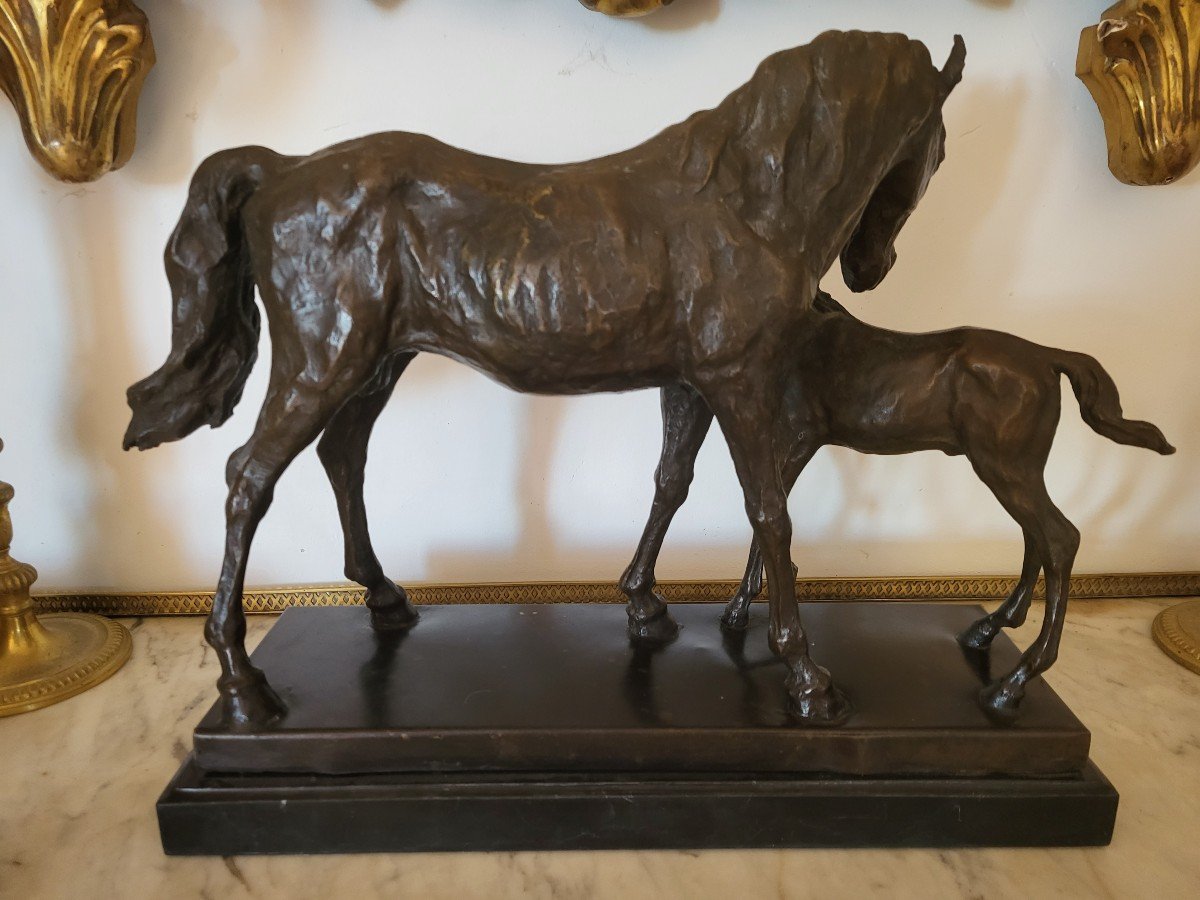 Bronze Sculpture Mare And Her Foal Early 20th Century-photo-1