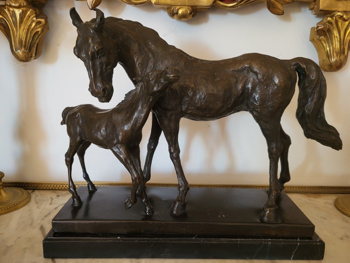 Bronze Sculpture Mare And Her Foal Early 20th Century-photo-2