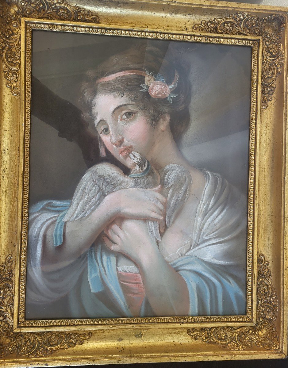 Pastel Jeune File à La Colombe époque Empire Début XIXe Siècle Cade D époque -photo-5