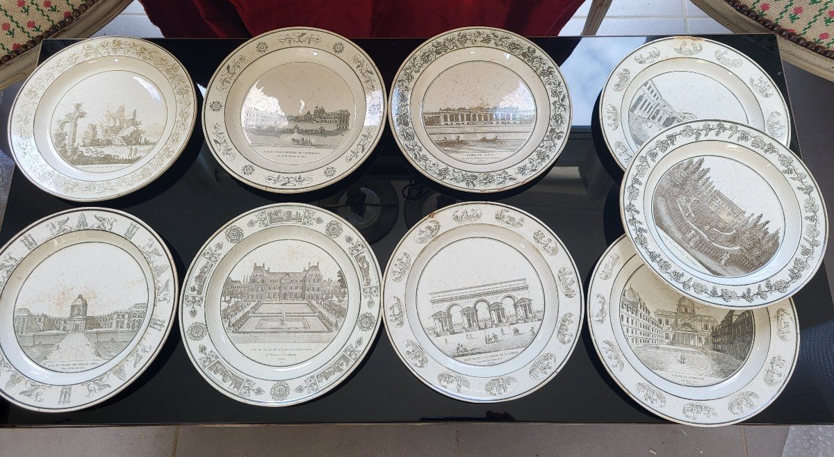 Set Of 11 Creil 1808 Monuments Of Paris Plates-photo-2