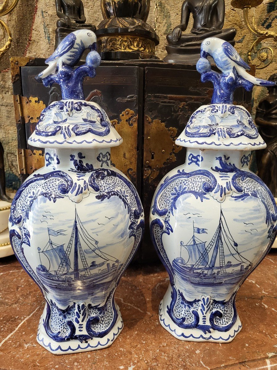 Pair Of Delft Potiches 19th Century H39cm