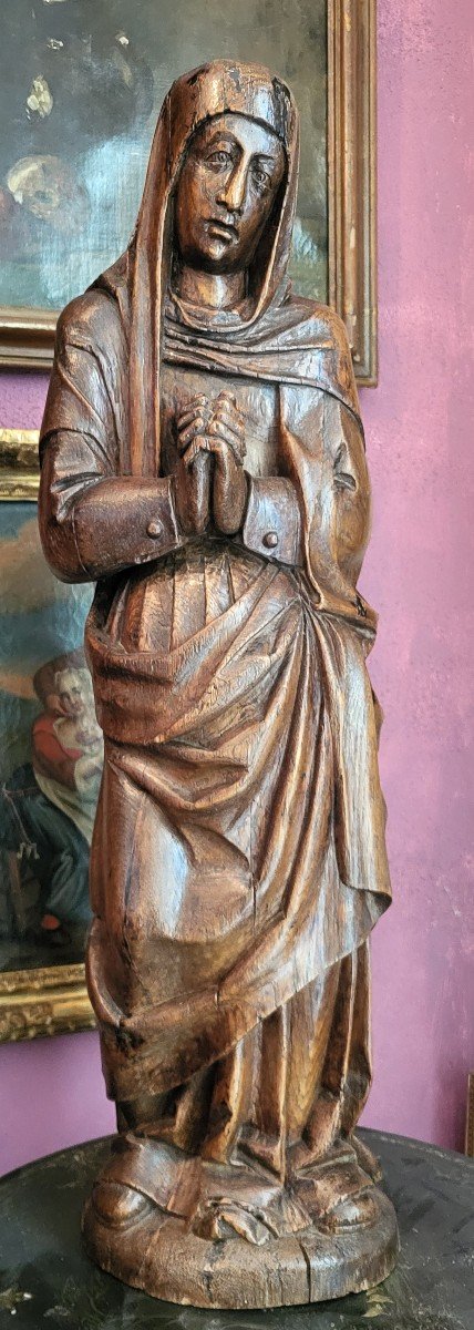  Large Virgin In Prayer Sculpture Natural Wood 17th Century -photo-2