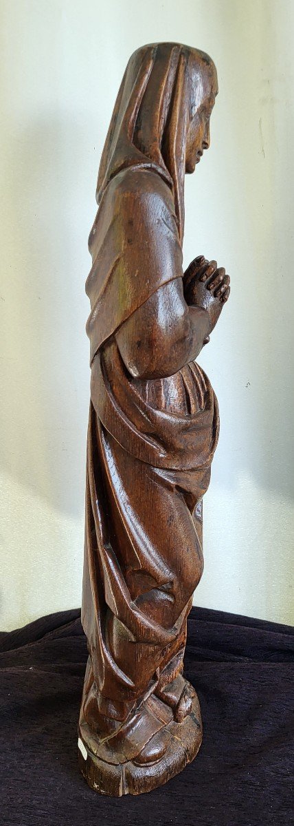  Large Virgin In Prayer Sculpture Natural Wood 17th Century -photo-1