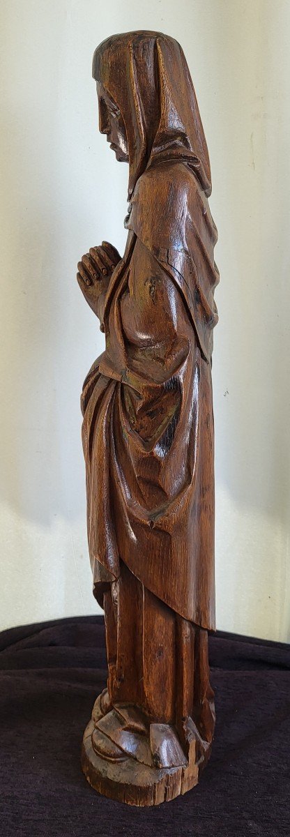  Large Virgin In Prayer Sculpture Natural Wood 17th Century -photo-2