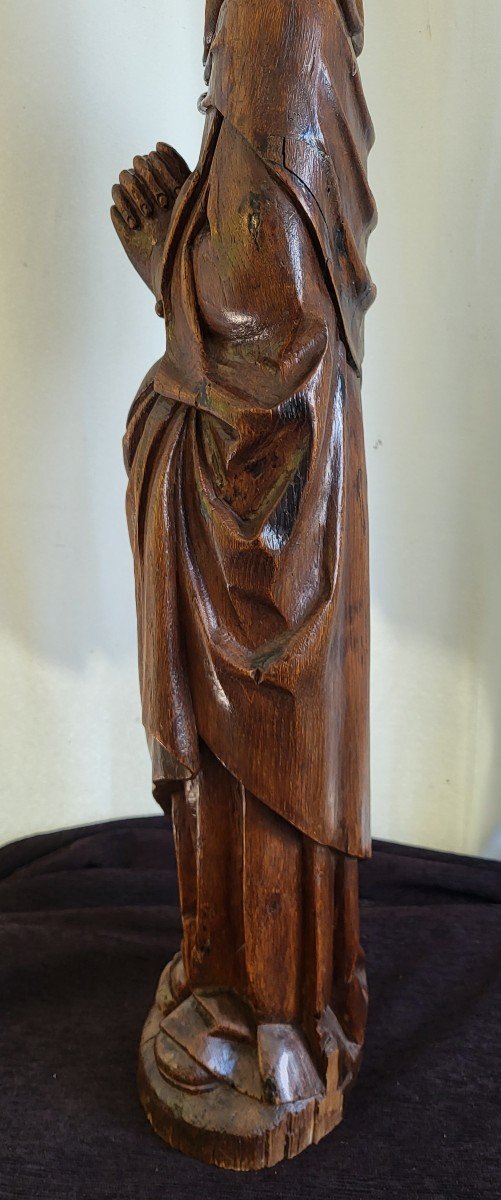  Large Virgin In Prayer Sculpture Natural Wood 17th Century -photo-6