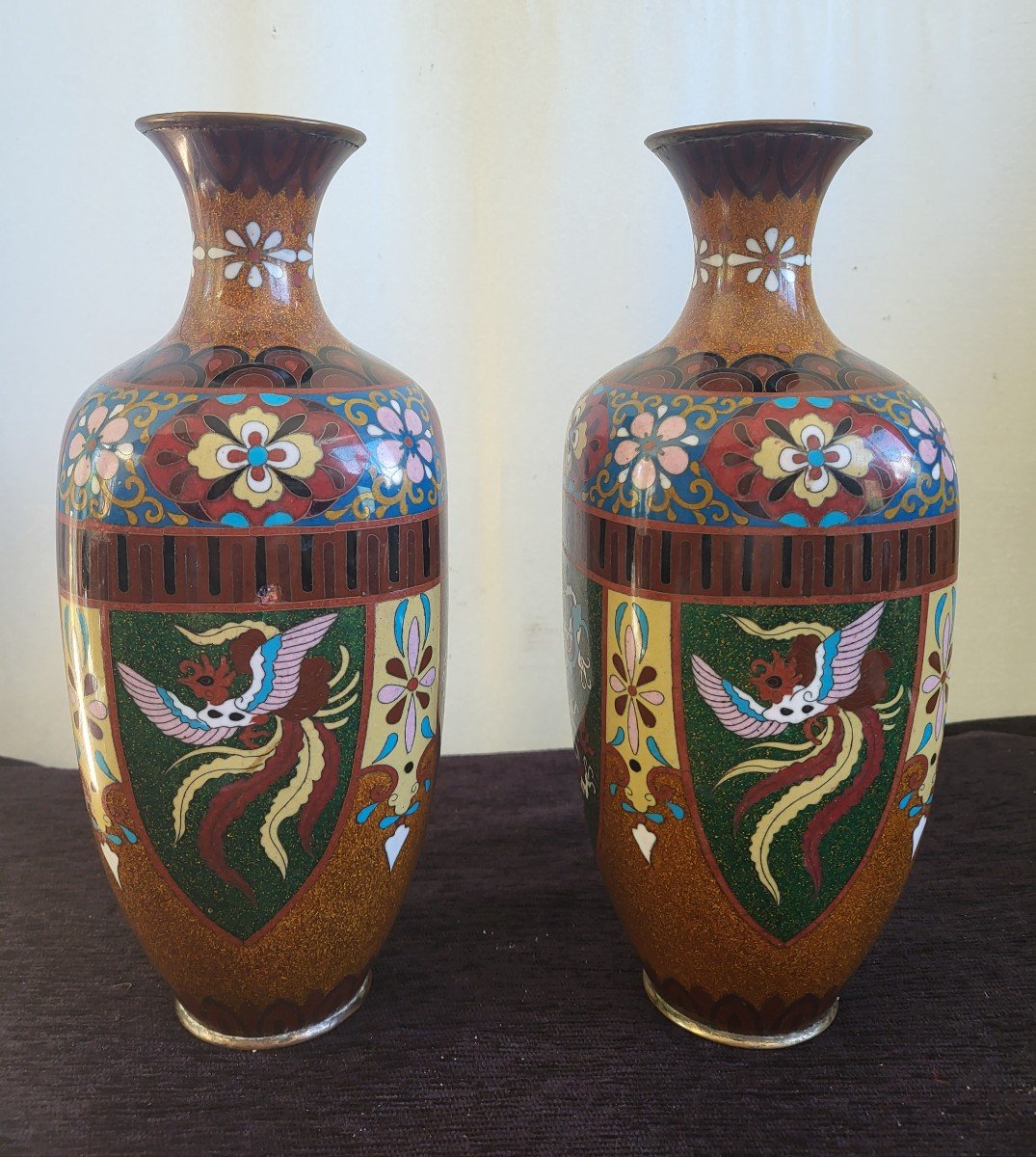 Paire De Vases  Cloisonnés  Japon  XIXe Siècle H31cm-photo-2