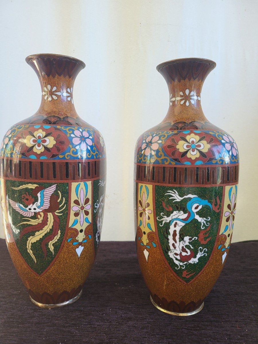 Paire De Vases  Cloisonnés  Japon  XIXe Siècle H31cm-photo-3