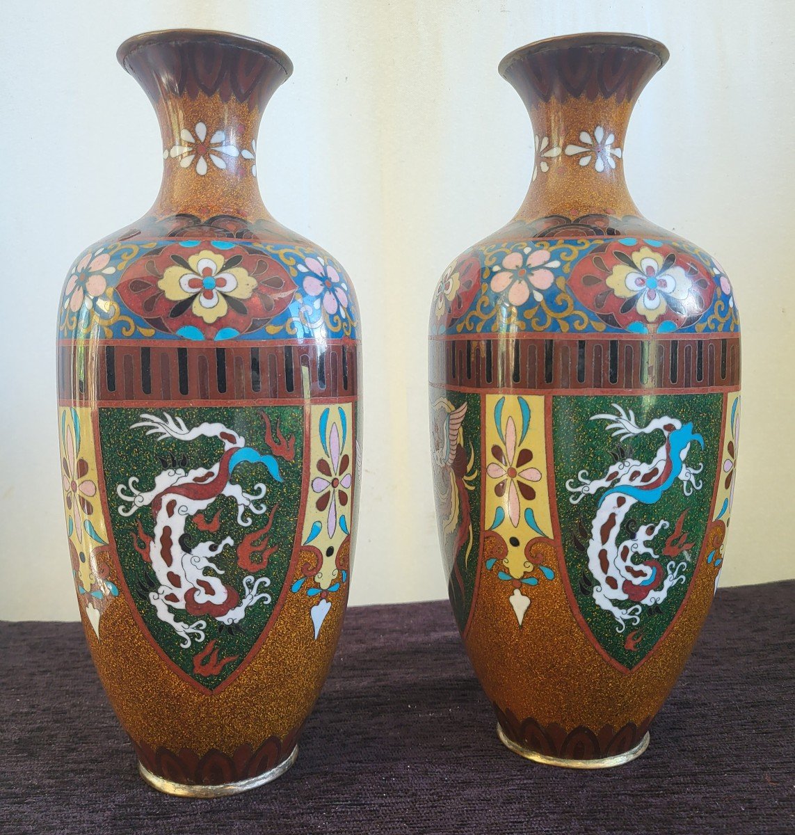 Paire De Vases  Cloisonnés  Japon  XIXe Siècle H31cm-photo-5