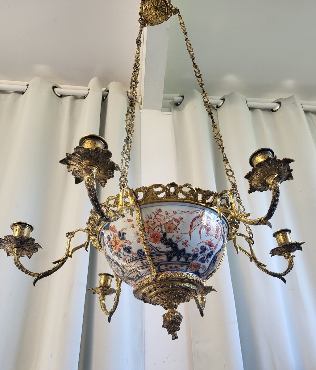 Lustre  Porcelaine  Imari Et Bronze Doré à six  feux époque XIXe siècle 