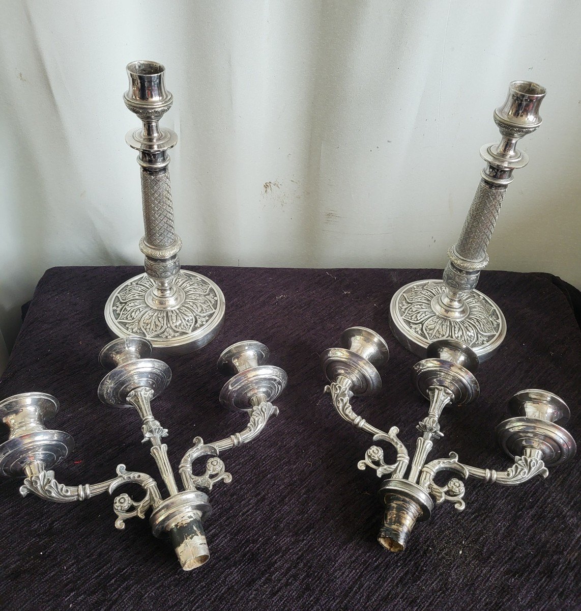 Pair Of Silver-plated Bronze Candelabras, Restoration Period, 19th Century -photo-2