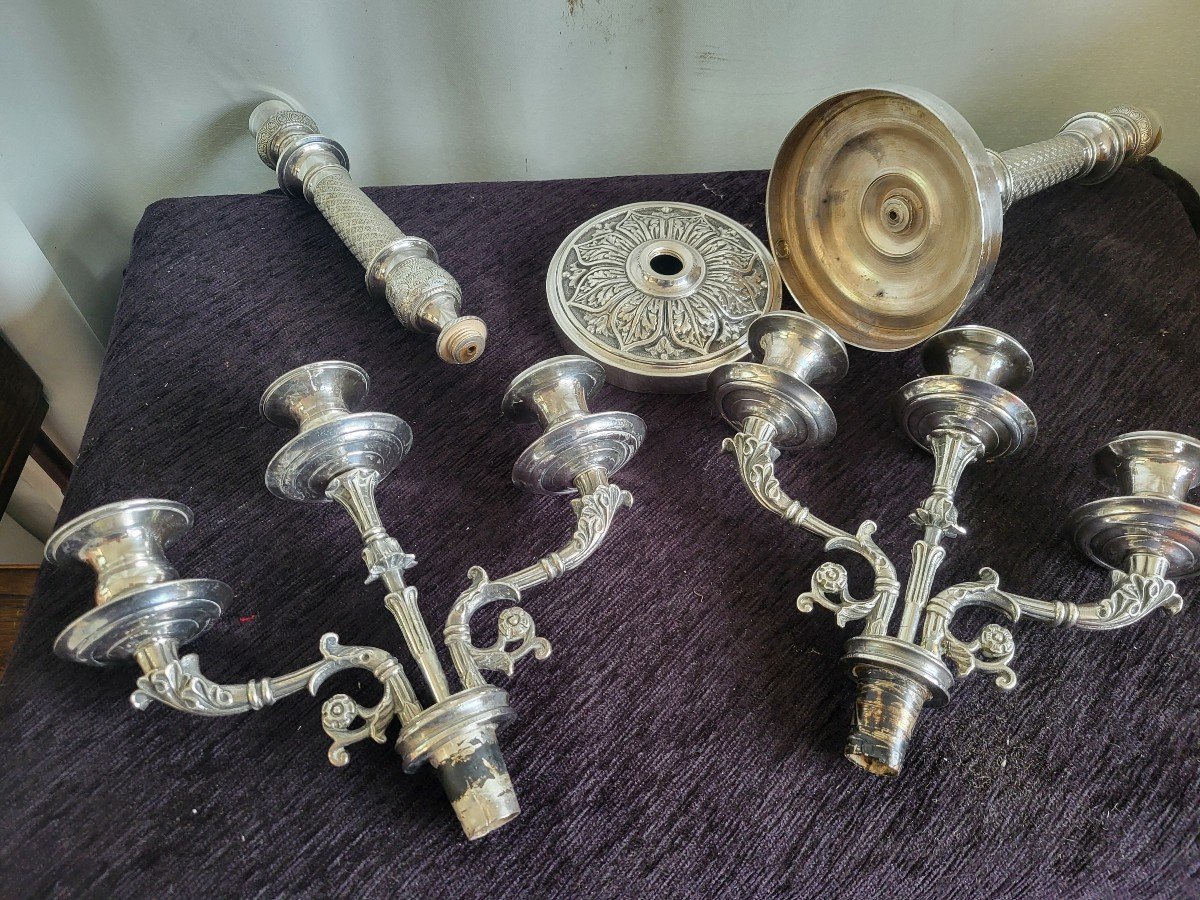 Pair Of Silver-plated Bronze Candelabras, Restoration Period, 19th Century -photo-3