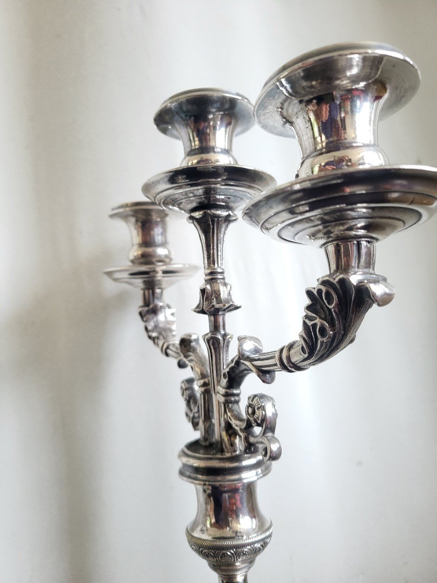 Pair Of Silver-plated Bronze Candelabras, Restoration Period, 19th Century -photo-1