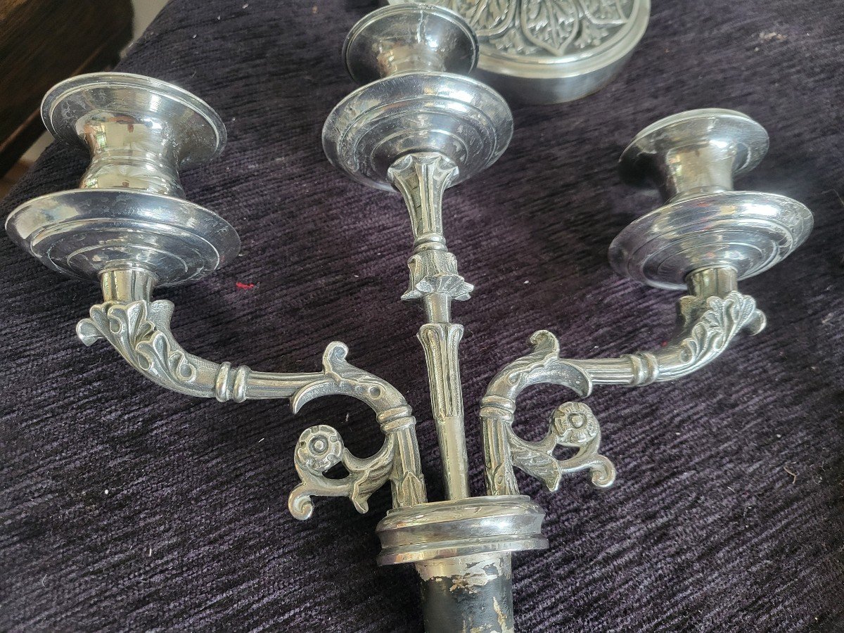 Pair Of Silver-plated Bronze Candelabras, Restoration Period, 19th Century -photo-4