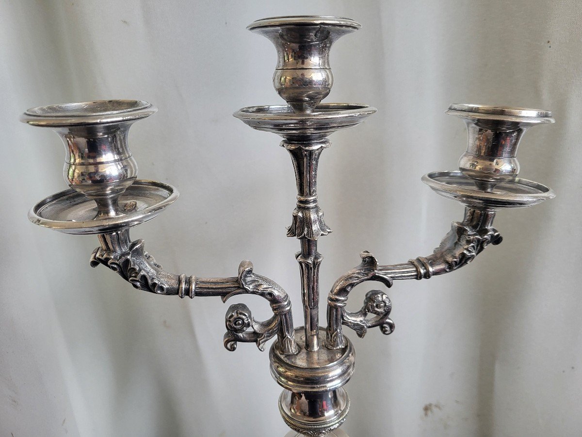 Pair Of Silver-plated Bronze Candelabras, Restoration Period, 19th Century -photo-6