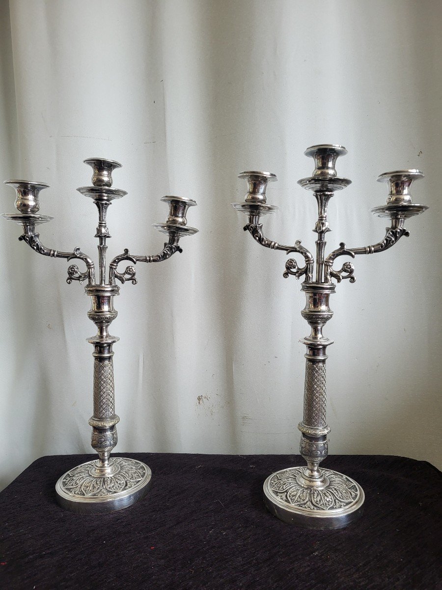 Pair Of Silver-plated Bronze Candelabras, Restoration Period, 19th Century -photo-7