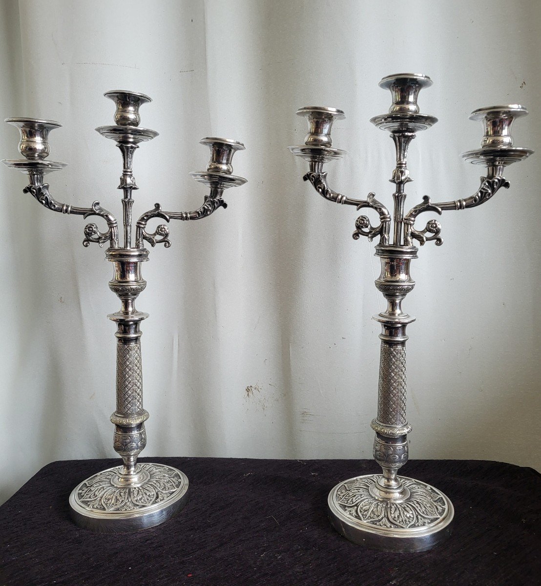 Pair Of Silver-plated Bronze Candelabras, Restoration Period, 19th Century 