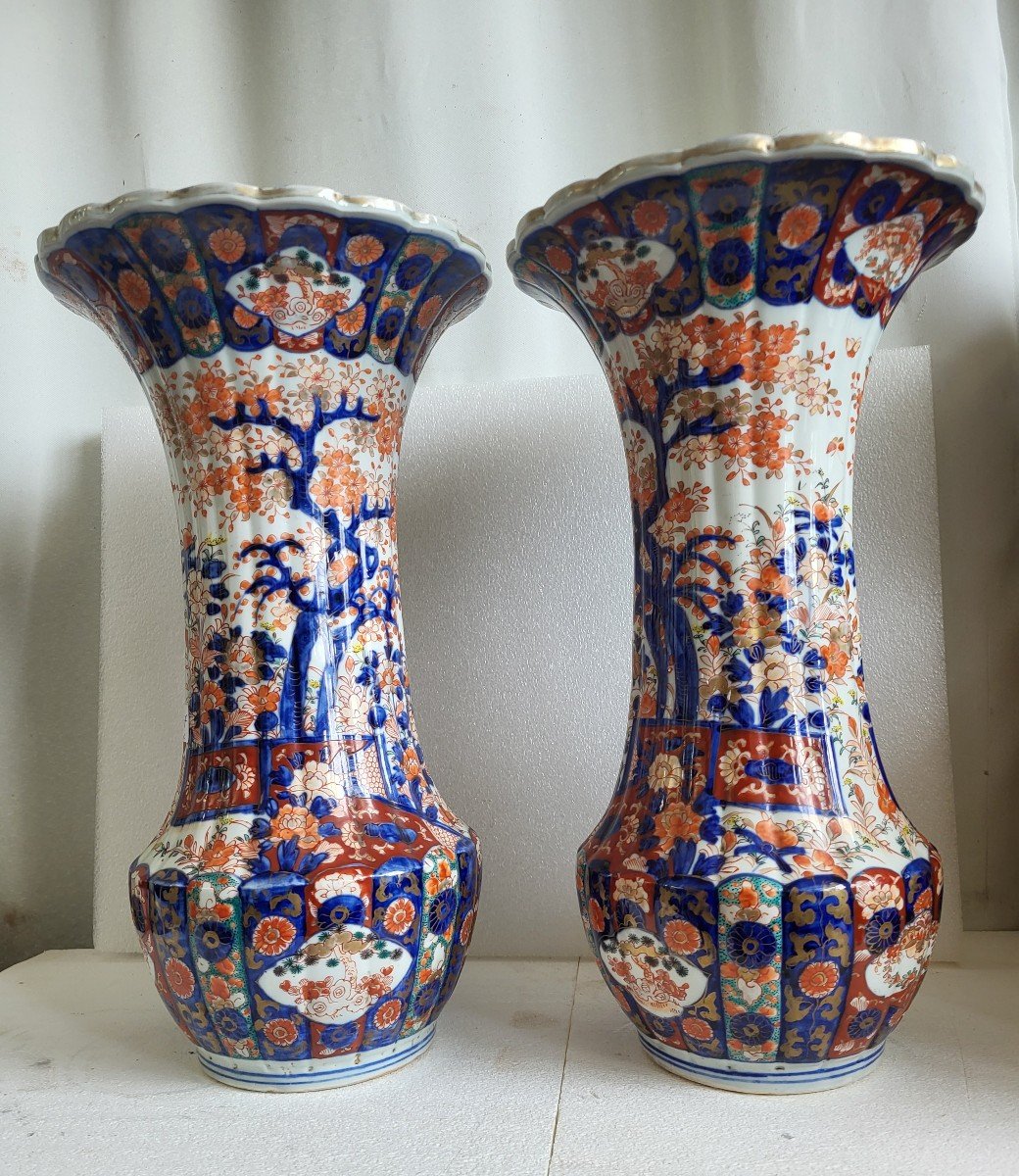 Paire De Grands Vases Cornets Imari Japon XIXe Siecle Be-photo-2