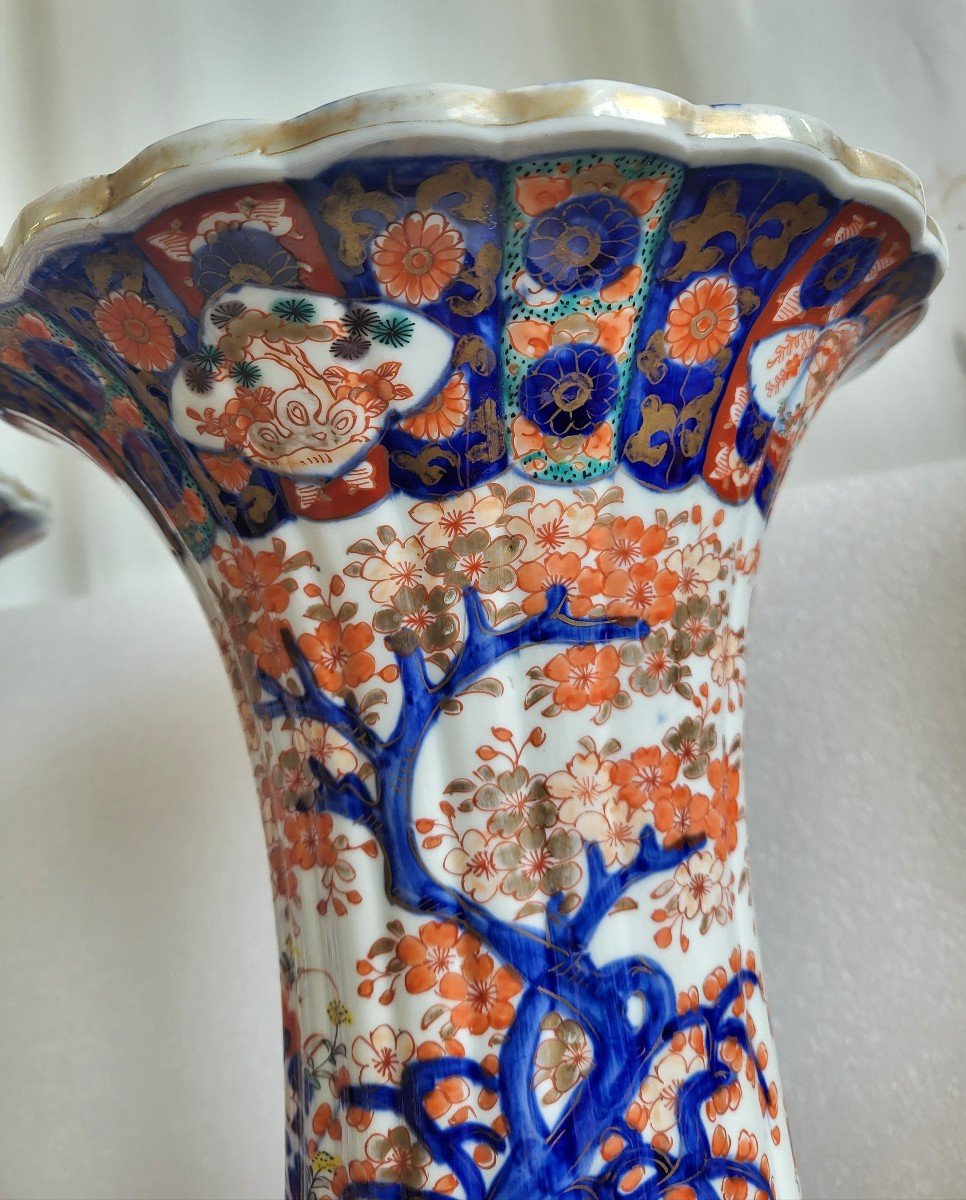 Paire De Grands Vases Cornets Imari Japon XIXe Siecle Be-photo-3