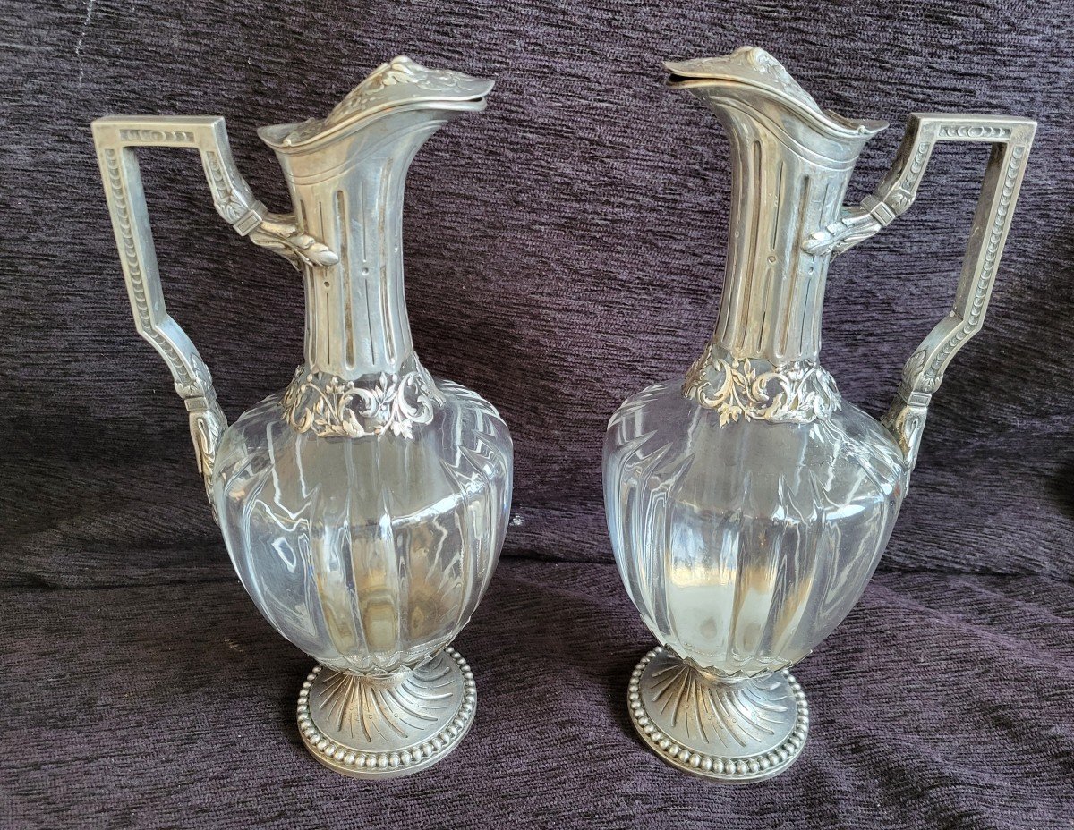 Pair Of Minerva Silver Ewers And Louis XVI Cut Crystal, 19th Century 