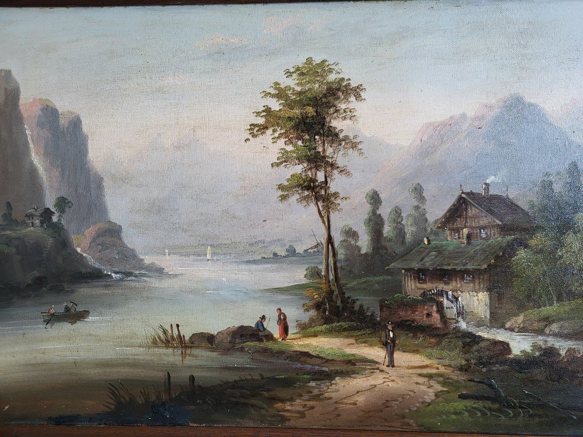 Swiss German School Oil On Canvas Alpine Landscape 19th Century Frame-photo-2