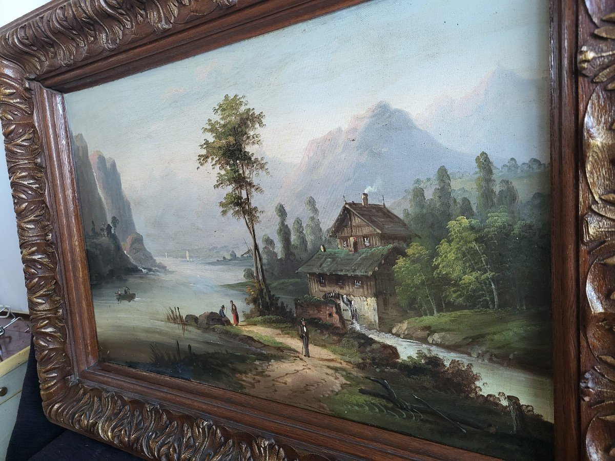 Swiss German School Oil On Canvas Alpine Landscape 19th Century Frame-photo-5