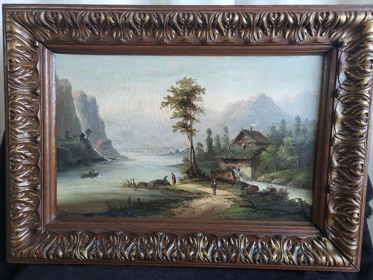 Swiss German School Oil On Canvas Alpine Landscape 19th Century Frame-photo-8