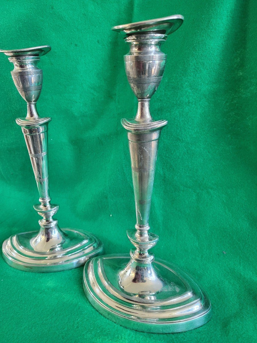 Pair Of Silver-plated Bronze Candlesticks, Directoire Period, 19th Century, H29cm-photo-2