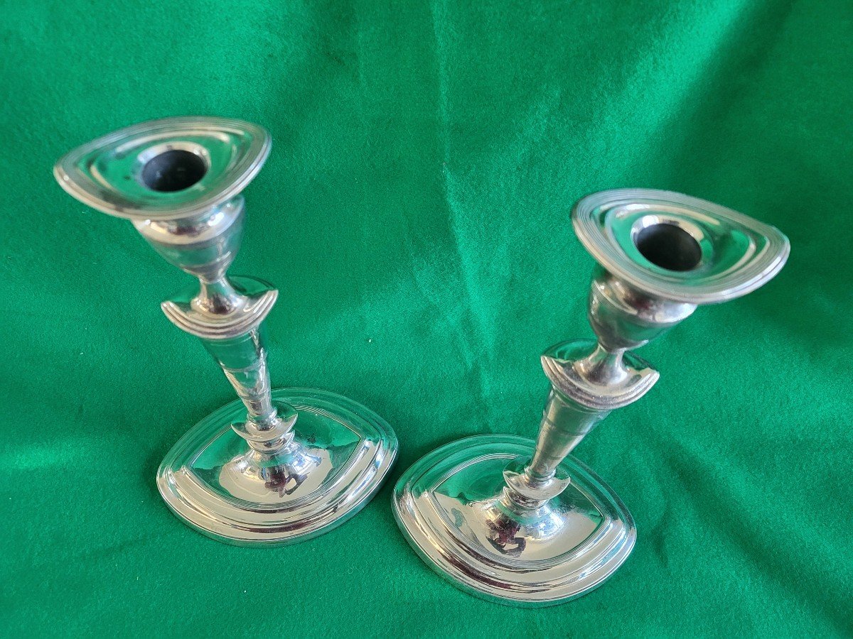 Pair Of Silver-plated Bronze Candlesticks, Directoire Period, 19th Century, H29cm-photo-3