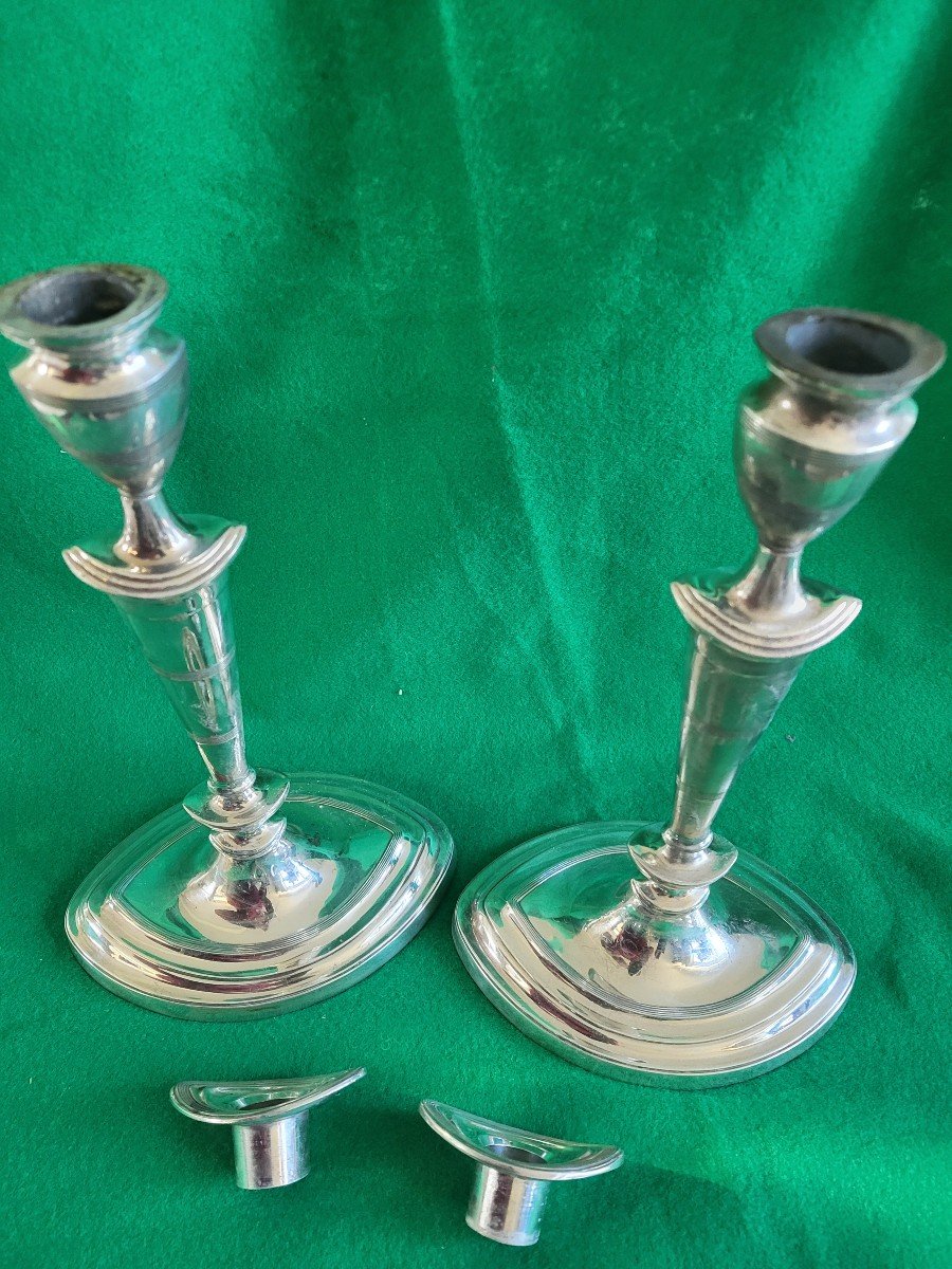 Pair Of Silver-plated Bronze Candlesticks, Directoire Period, 19th Century, H29cm-photo-3