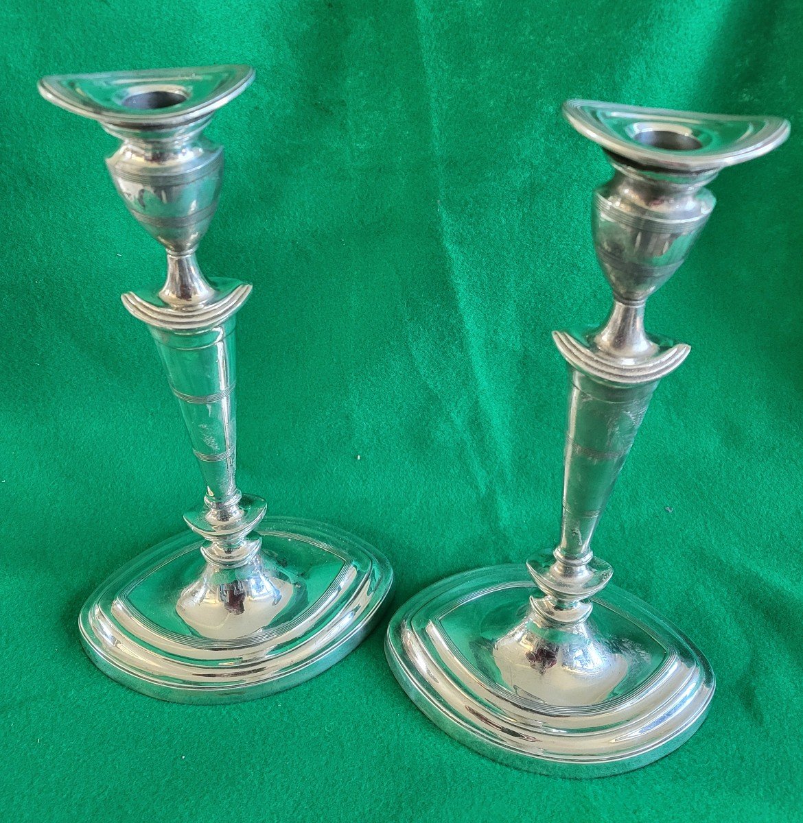 Pair Of Silver-plated Bronze Candlesticks, Directoire Period, 19th Century, H29cm