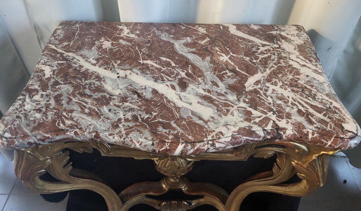 Console Gilded Wood Marble Breccia Louis XV XVIII E Period -photo-1