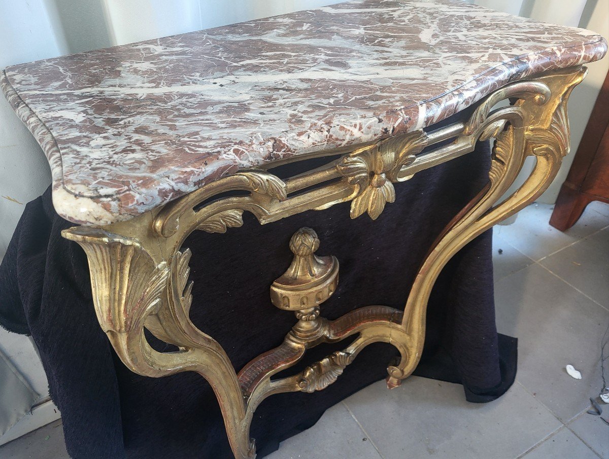 Console Gilded Wood Marble Breccia Louis XV XVIII E Period -photo-3